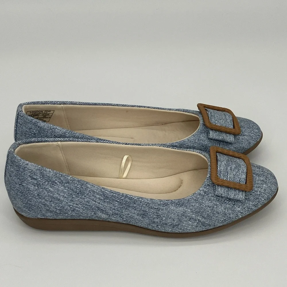 London Fog Bixby Blue Denim Flat Shoes 8W Comfort‎ Slip On Casual Preppy